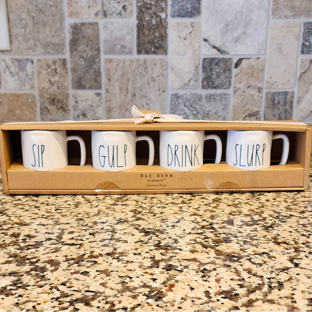 Rae Dunn Magenta Set of 4 Espresso Mugs | SIP, GULP, DRINK, SLURP